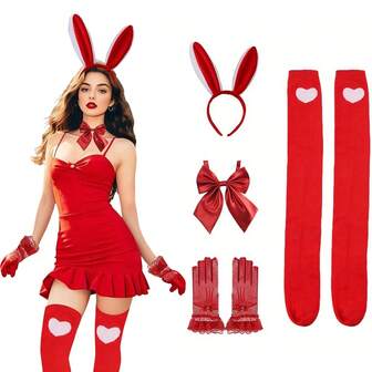 6 söta och sexiga enfärgade kaninaccessoarer, hårband med kaninöron, långa strumpor, spetshandskar och flugor, lämpliga för kvinnors jul- och Halloween-outfits, bohemisk stil, tillämpbara på överraskningsfester, karnevaler, jul och andra festivaltillfällen, livlig förklädnad, robust struktur, för baler, fester, föreställningar