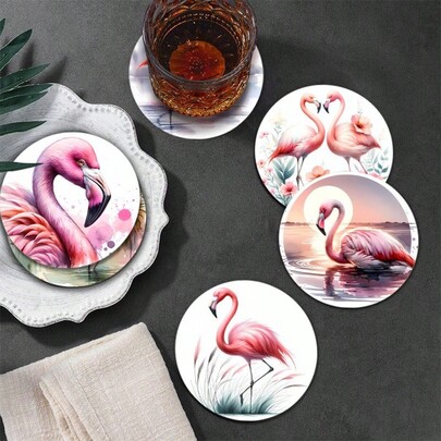 1 Set Of 6 Wooden Coasters - Pink Flamingo Art Design Drink Coasters - Wooden, Suitable For Kitchen, Patio Table, Living Room Decor - Ideal Gift For Friends And Family, Kitchen Decor, Kitchen Accessories, Available In 1 Or 31 Sets