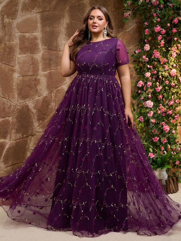 Women's Elegant Formal Floral Print Gown With Embroidered Mesh Panels, Zipper Closure, Empire Waist, Suitable For Formal Events, Prom, Parties, Birthdays, Graduations, Concerts, And Summer/Autumn/Spring