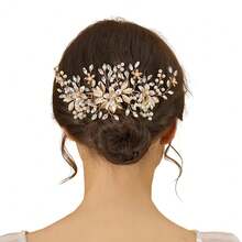 Rhinestone Pearl Hair Comb - Gold - View 12
