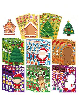 8 piezas/1 set Pegatinas de intercambio de caras con tema navideño, pegatinas de rompecabezas de dibujos animados hechas a mano, perfectas para regalos de Navidad, calendario de Adviento