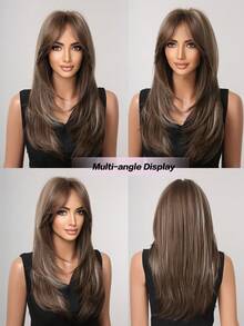 22 Inch Brown Highlights Multi-Layered Wigs With See-Through Bangs Split Bangs Layered Elegant And Attractive Synthetic Wigs Parisian Chic New Signature Look Suitable For Daily Party Festival And Cosplay Wear Wig For Women Hairstyle - 挑染棕色 - 查看 5