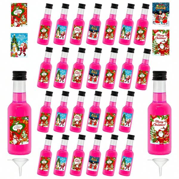 27/4pcs Christmas Mini Liquor Bottle,Beverage Dispensing Bottle,Clear Plastic Decors Bottles,With Golden,Black And Rose Screw Caps,And With 4 Styles Labels,Such As Snowman, Santa Claus, Gifts And Merry Christmas Wishes,For Christmas Party Supplies,Birthday,Wedding,Outdoor Party,Christmas Decoration