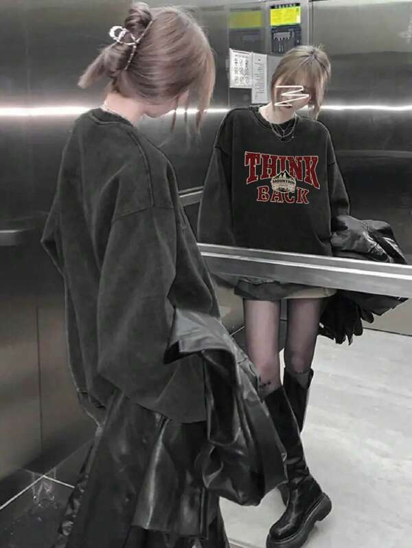 Women's Y2K Oversized Comfortable Black Washed Cotton Casual Vacation Homewear Street Chic Graphic Letter & Number Print Sweatshirt, Autumn/Winter