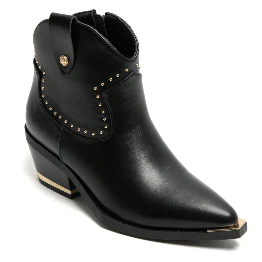 女士西部麂皮短靴，中跟，加固鞋头 - 有米色、黑色、驼色、卡其色和绿色可选 - Black 9696 - 查看 1