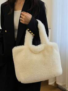 New Fluffy Handbag, Fashion Large Capacity Versatile Shoulder Tote Bag, Soft & Cute Large Capacity Shoulder Bag, Furry Bag , Cute - Beige - View 3