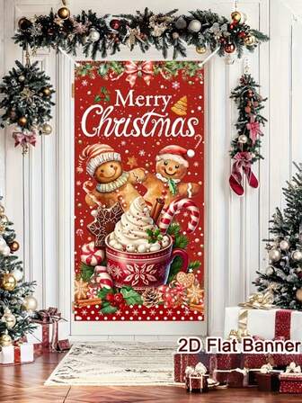 1件圣诞装饰圣诞主题元素门帘 - 包含红白姜饼人、拐杖糖和雪花图案 - 适用于室内/室外圣诞节和新年派对装饰，涤纶面料，耐用易洗，无需用电