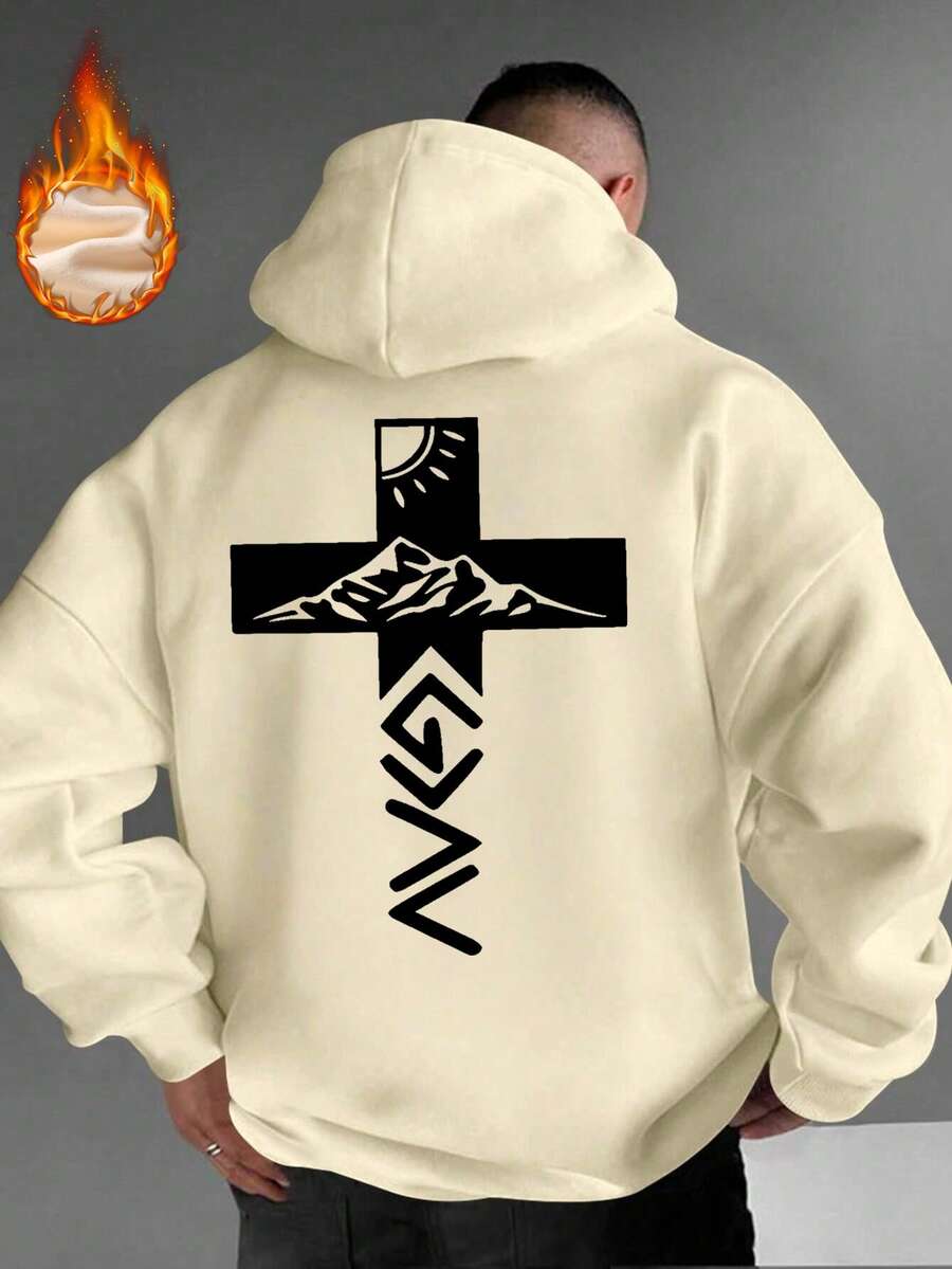 男士休闲简约街头户外山地印花宽松保暖连帽卫衣 | 时尚长袖上衣 - 杏色 - 查看 1