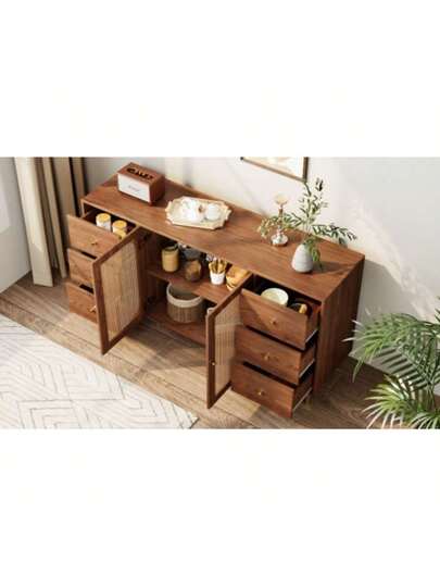 Sideboard, Rattan Aufbewahrungsschrank Mit Schublade, Unabhängiger Holzschrank, Küche, Zuha Wohnzimmer, Brown, 160 40 90 Cm view 2
