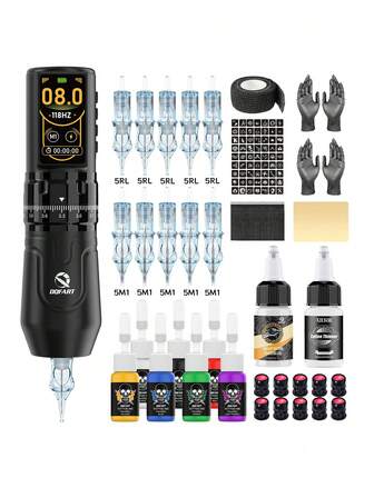 DQFART Kit de máquina de tatuaje inalámbrica, fuente de alimentación de 2400mAh, pantalla LED digital, 7 longitudes de trazo ajustables, pluma de máquina de tatuaje todo en uno, un suministro de tatuaje completo para principiantes y artistas del tatuaje, con agujas de tatuaje, tinta de tatuaje, crema de transferencia de tatuaje y una variedad de accesorios de tatuaje