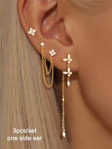 3 Pcs/Set Unique Gold Plated Cubic Zirconia Butterfly Chain Drop Dangle Earrings For Women Zirconia Stud Earrings Set Elegant Jewelry