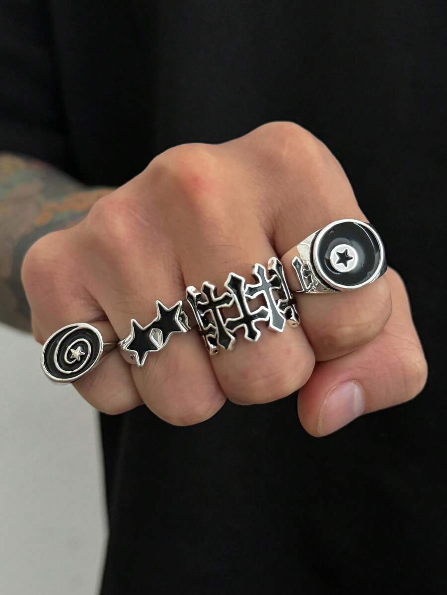 4 件朋克风格螺旋星形戒指套装，男士休闲日常佩戴