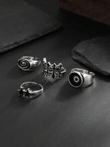 4 件朋克风格螺旋星形戒指套装，男士休闲日常佩戴 - 彩色 - 查看 3