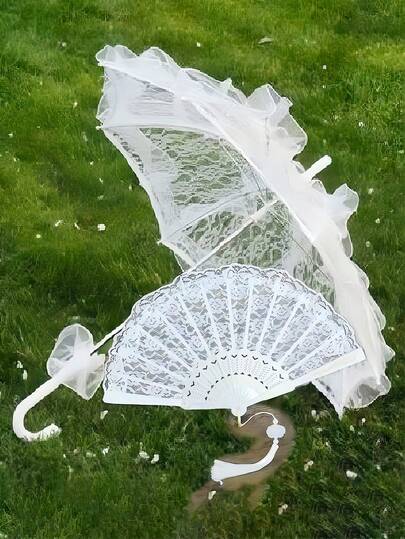 1件/2件套新娘婚礼装饰道具套装，蕾丝伞和蕾丝塑料扇，欧式新娘婚礼伞，户外婚礼装饰伞扇套装