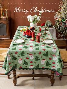 1pc Christmas Jacquard Tablecloth, Christmas Tree Pattern With Pom Pom Trim, Adorable Christmas Style Polyester Tablecloth, Suitable For Living Room, Dining Room, Party, Home Decor, Room Decor, Tabletop Decor And Holiday Gift, Multiple Sizes Available, Suitable For All Seasons - Green - View 6
