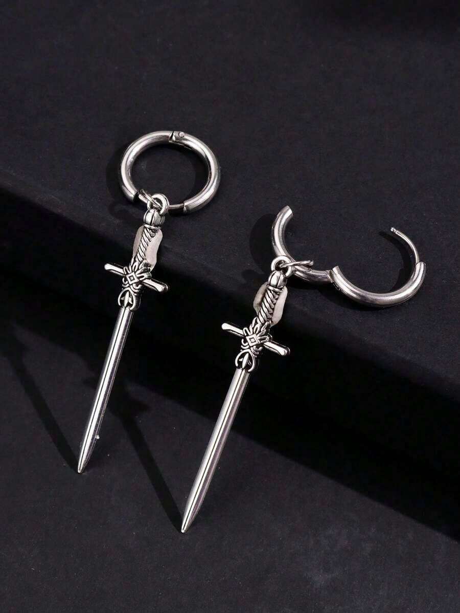 1Pair Gothic Vintage Sword Alloy Earrings Women Man Fashion Cool Punk Rock Party Jewelry Accessories Fantasy Ear Hooks - 銀色 - 查看 1