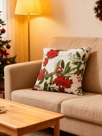 1 pieza, Funda de almohada retro de Navidad con flor de Pascua, Funda de almohada cuadrada de árbol de Navidad de estilo rústico, Decoración navideña con flor para sofá, sala de estar y cama (sin relleno)