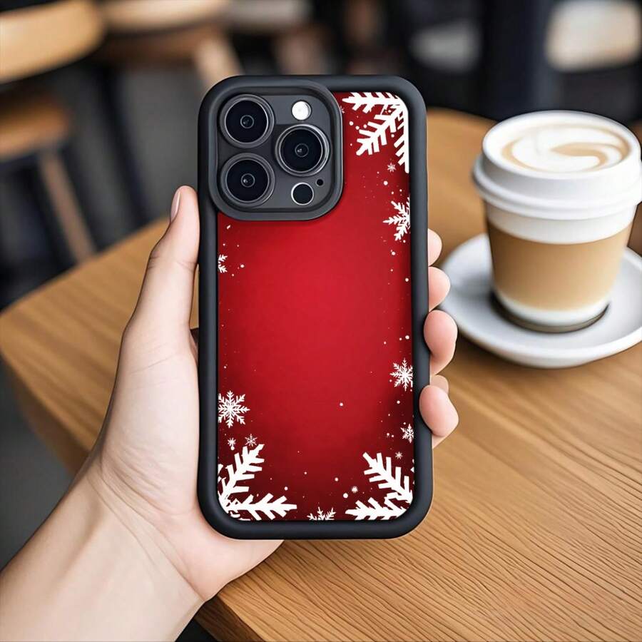 1PC Phone Case ,  Red Background Snowflake Pattern Border , Stylish Phone Case, Phone Decoration, All-around Lens Protection, Creative Small Gift, Funny Gift for Boys and Girls