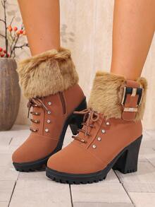 1 Paar modische minimalistische Ankle Boots für Teenager, neues Herbst/Winter Design, bequem & warm, glänzende Schnürung mit Plateauabsatz, geeignet für Outdoor, täglichen Weg zur Arbeit, Partys & formelle Anlässe