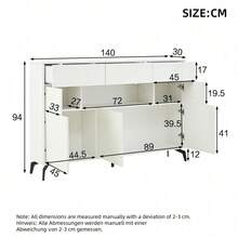 Modernes Sideboard 140 cm mit LED-Beleuchtung »Aura<< – Hochglanz-Weiße Kommode mit 3 Schubladen, 5 Schrankfächern & Metallbeinen – Elegantes Wohnzimmermöbel aus MDF