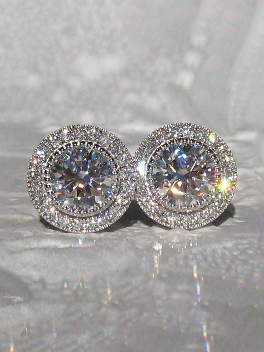 1对铜合金小巧简约圆形立方氧化锆耳钉，独特设计，适合日常佩戴 - 銀色 - 查看 1