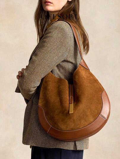 Sac cabas rétro en suédine demi-lune, sac besace grande capacité bicolore, sac de travail pour navetteur, sac à bandoulière sous le bras