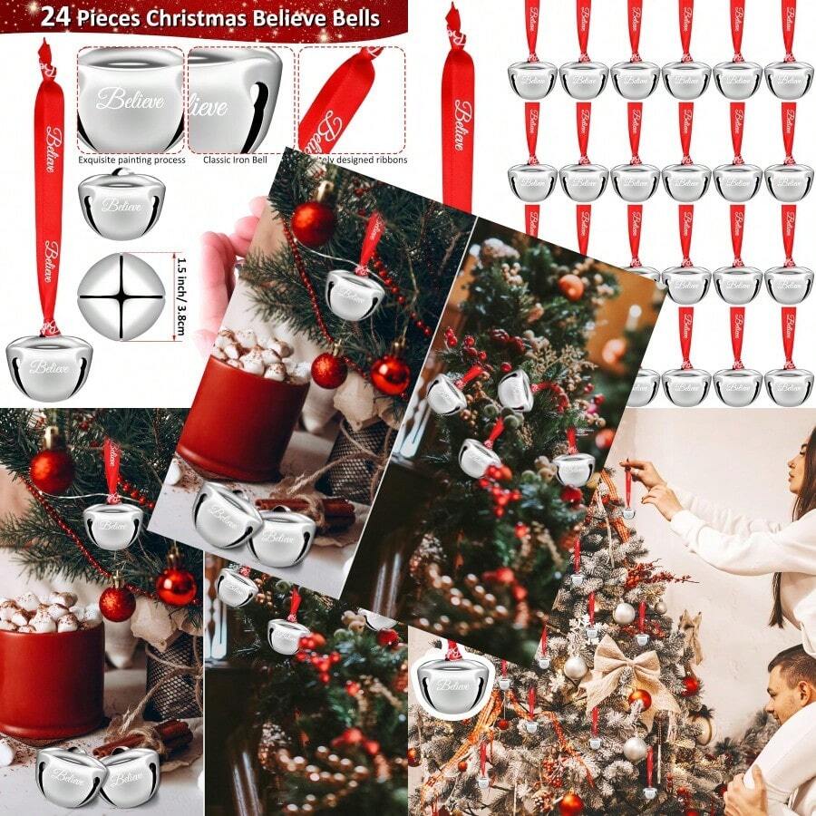24 Pcs Christmas Believe Bell Ornaments 1.5 Inch Polar Santa Sleigh Jingle Bells With Believe Ribbon Christmas Tree Decorations For Xmas Decor Silver Color 24 - Redwood - View 1