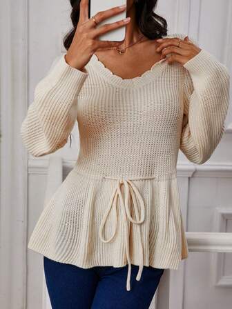 女士花瓣V领抽绳长袖毛衣，秋冬款