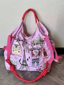 1 pieza Bolsa de almacenamiento de nylon ligera y versátil con patrón bordado de la Torre Eiffel, bolsa de compras plegable para ir al trabajo - Multicolor - Ver 8