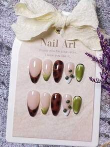 10pcs Handmade Almond-Shaped Leopard Print Tie Dye Green Gradient False Nails, Handcrafted Leopard Print Tie Dye Green Coffee Bean, Hand-Painted Green Tie Dye Gradient, Elegant And Romantic Minimalist Wear, High-End Sexy Luxury Manicure Stickers, Suitable For Daily, Dates, Concerts And Light Business Occasions, An Excellent Gift For Women And Girls Nail Supplies - Multicolor - View 1