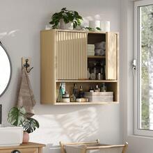 Furniouse Wall-Mounted Storage Cabinet For Toilet, Bathroom Vanity, Wooden Medicine Cabinet Organizer, Kitchen Wall Cabinet With Double Doors And Open Shelving. Space-Saving Design For Easy Assembly, Suitable For Bathrooms, Kitchens, And Hotels - Màu Khaki - Xem 2