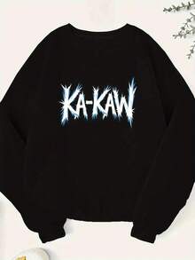 Women's Plus Size Casual Sweatshirt - "KA-KAW" Artistic Graphic, Long Sleeve, Round Neck, Polyester, Fall/Winter, Machine Washable, Ladies Sweaters - 黑色 - 查看 2