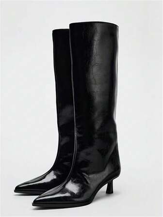 Damen Elegante Minimalistische Schlüpf-Stiefel in Schwarz für Herbst/Winter, vielseitig einsetzbare Stiletto Stiefel bis zur Wade mit Kitten Heel, ideal für den Berufsalltag