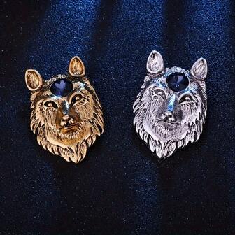 1pc Majestic 3D Wolf King Brooch, Blue Gemstone Eyes - Gold & Silver Color Options, Shirt Collar Pin, Fashionable Accessory Suitable For Formal And Casual Wear, Unique Gift For Family And Parties, Elegant Accessory