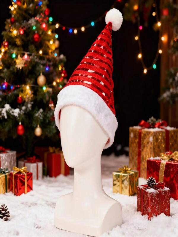 1 buc. Pălărie de petrecere unisex pentru adulți, din material nețesut roșu de Crăciun, cu paiete și dungi