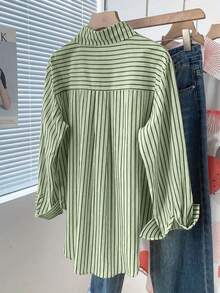 女士休闲通勤条纹纽扣衬衫 - 綠色 - 查看 2