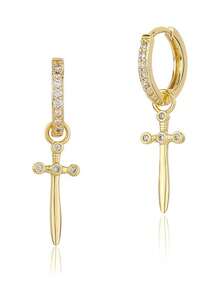 嘻哈風格感恩節禮物菱形十字形耳環,奢華鑲嵌全鑽石耳釘,適合男女日常佩戴 - 金色 - 查看 18