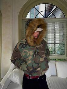 Men's Reversible Camo Cotton Jacket Thick Fleece Lined Rabbit Fur Collar Stylish Winter Puffer Coat - Màu ngụy trang [chất lượng đối lập] - Xem 1