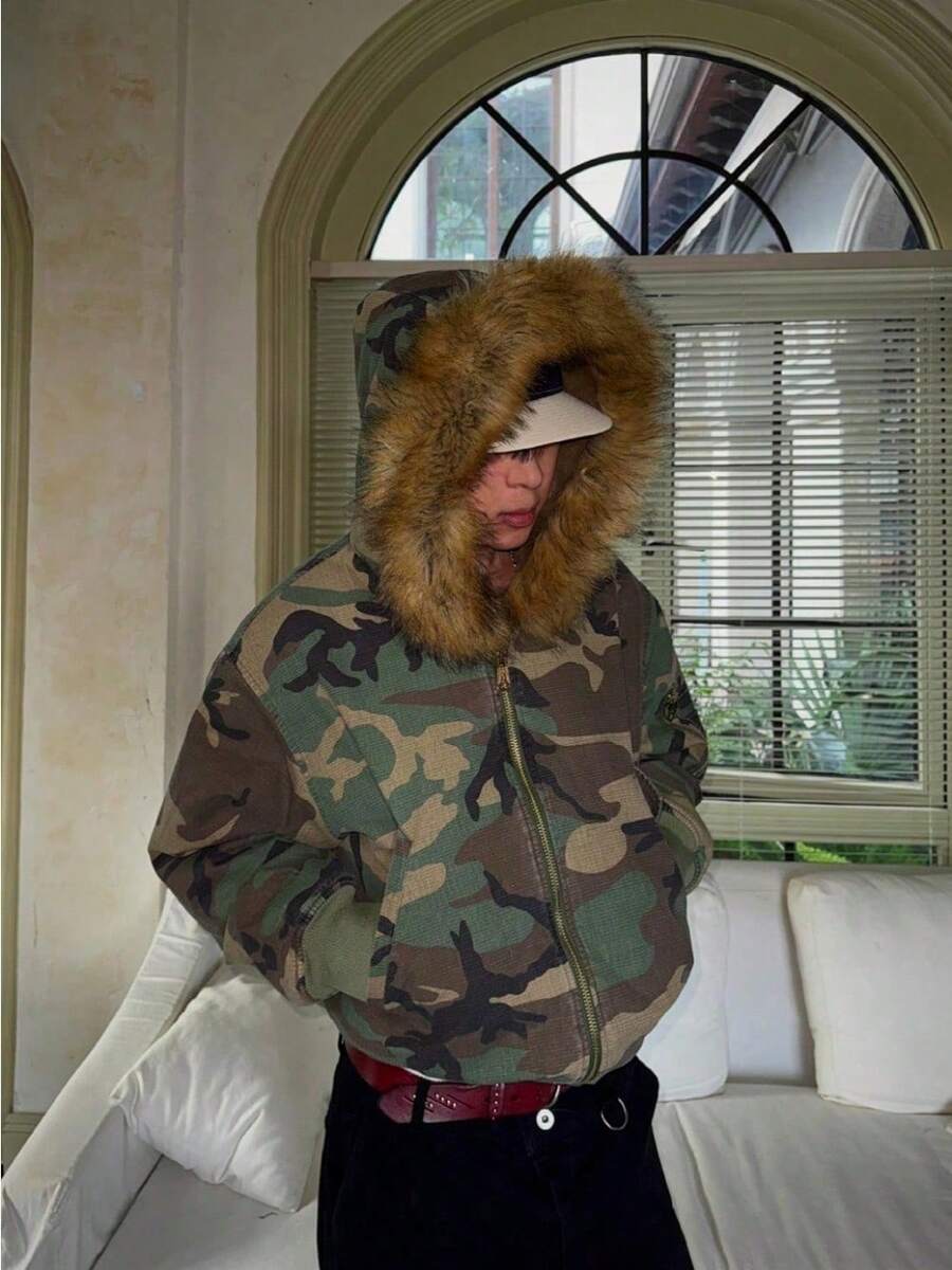 Men's Reversible Camo Cotton Jacket Thick Fleece Lined Rabbit Fur Collar Stylish Winter Puffer Coat - Màu ngụy trang [chất lượng đối lập] - Xem 1
