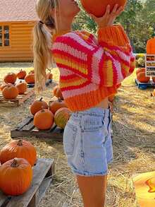 Women's Fashionable Color Block Long Sleeve Contrast Striped Christmas Crew Neck Drop Shoulder Pullover Oversize Top Knit Fall Winter Sweater - Multicolor - View 8