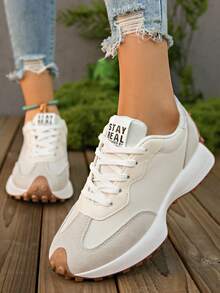 Women's Lightweight Running Sneakers - Lace-Up Closure, Multi-Functional Flat Sole, Breathable Fabric & Faux Leather Material - Beige - View 3