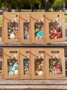 8个白色牛皮纸袋，带透明窗口，直立式礼品袋，带提手，散装，纸质礼品袋，白色购物袋，蝴蝶结礼品包装袋，适用于婚礼、新娘送礼会、生日、节日、圣诞派对、零售店，棕色 - 棕色 - 查看 13