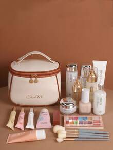 PU皮革便携旅行化妆包，多功能大容量收纳包，化妆工具隔层包，化妆刷收纳袋，浴室洗漱包，多层化妆包，化妆品整理包，便捷旅行手提包，防水收纳包，适用于护肤品、化妆品、化妆刷、粉底、口红等，适合海滩、学校、浴室、度假、情人节、圣诞节等场合，是送给家人和朋友的理想礼物。