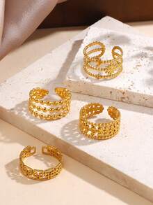 4pcs/Set Stainless Steel Minimalist Leaf, Star, Moon Design Open Rings, Suitable For Women's Daily Wear - Multicolor - View 3