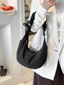 Casual Lightweight Pleated Shoulder Bag, Versatile Crossbody Bag For University Students, Outing, School, Commuting, Women's Japanese Style Crescent Moon Bag - Black - View 5