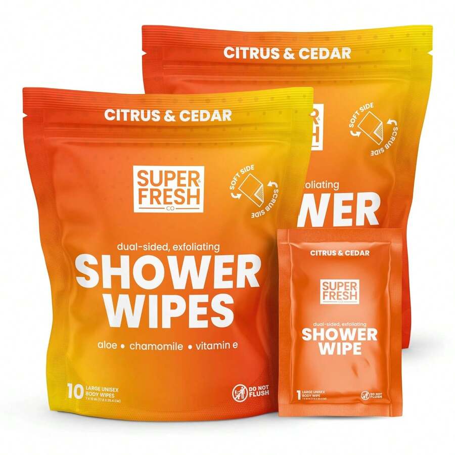 Super Fresh Shower Wipes Large Citrus & Cedar Body Wipes For No Rinse Bathing Personal Hygiene Gym Travel Or Camping Enriched With Aloe And Vitamin E 20 Individually Wrapped  Sheets,25837885 - 黑色 - 查看 1
