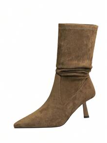 Women's Mid-Calf Boots, Elastic Boots, Wrinkled Stacked Boots, Versatile Pointed Toe Slim High Heel Fashionable Ankle Boots - Dark Brown - View 10