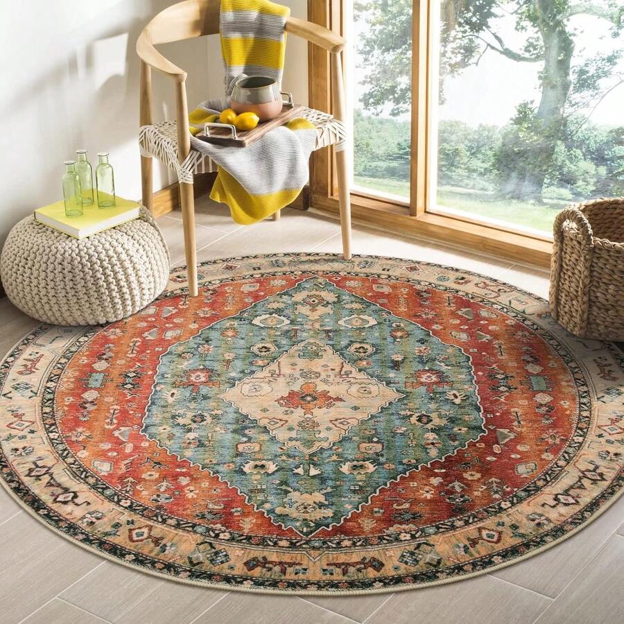 1pc Round Exotic Living Room Carpet, Turkish Style Sofa Blanket, Coffee Table Mat, Kitchen/Bedroom/Living Room Multi-Size, Colorful Chinese Style Decorative High-End Printed Washable Carpet (Pay Attention To The Edging Color)
