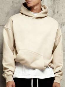 男士休闲运动卫衣 - 纯色，长袖，针织面料，H型版型，适合徒步旅行和户外活动，涤纶材质，圆领，秋冬运动上衣 - 卡其色 - 查看 5