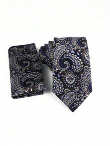 ZLQ&GOU 2pcs/Set 6 Styles Cashew Flower Men's Necktie Set, Including Necktie & Handkerchief, Blue Paisley Jacquard Men's Tie & Pocket Square, Suitable For Formal Wear